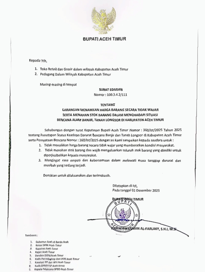 Bupati Aceh Timur : Pedagang Jangan Menaikkan Harga Barang