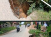 Lubang Menganga Ditepi Badan Jalan Lintas Seruway di Desa Padang Langgis Ancam Korban Jiwa